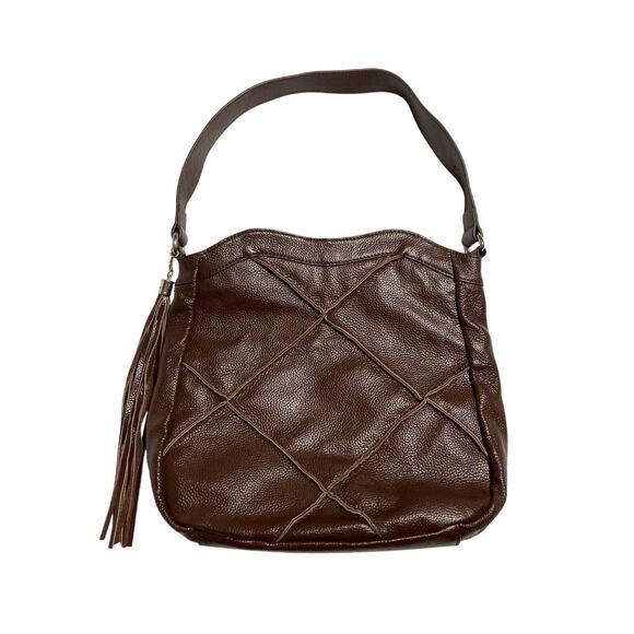 Womens Shoulder Bag Purse Nyla Noor Faux Pebbled Leather Patchwork Tassel Brown - Picture 1 of 13